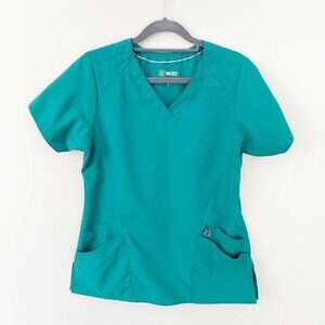 5/$25 WonderWink W123 v-neck teal dual pocket fitted stretch scrub top - Small